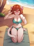  anthro beach beach_towel bikini breasts brown_hair clothing domestic_cat fejess96 felid feline felis female fur hair hi_res inner_ear_fluff jessica_(fejess96) kneeling looking_at_viewer mammal navel outside sand sea seaside solo swimwear towel tuft water white_body white_fur yellow_eyes 