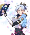  1boy beebunii blue_eyes blue_hair blunt_bangs earrings genderswap genderswap_(ftm) genshin_impact gloves hair_ornament hand_fan highres holding holding_fan japanese_clothes jewelry kamisato_ayaka long_hair long_sleeves looking_at_viewer mole mole_under_eye ponytail tassel 