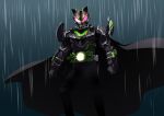  1boy animal_ears armor black_armor black_bodysuit black_cape bodysuit cape clenched_hands contrapposto glowing glowing_eyes highres kamen_rider kamen_rider_geats_(series) kamen_rider_tycoon kamen_rider_tycoon_(shogun) male_focus night otokamu power_armor raccoon_ears rain raise_buckle red_eyes shogun standing tanuki water_drop 