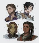  2boys 2girls ? alternate_hairstyle armor baldur&#039;s_gate baldur&#039;s_gate_3 beard black_hair brown_eyes brown_hair closed_mouth colored_skin commentary dark-skinned_male dark_skin dreadlocks dungeons_and_dragons elf english_commentary facial_hair facial_mark flying_sweatdrops gale_(baldur&#039;s_gate) gith_(dungeons_and_dragons) green_hair green_skin grey_eyes heterochromia highres lae&#039;zel long_hair multiple_boys multiple_girls oratoza pointy_ears ponytail scar scar_on_face shadowheart_(baldur&#039;s_gate) short_hair simple_background smile white_background wyll_(baldur&#039;s_gate) yellow_eyes 