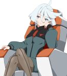  1girl ahoge asticassia_school_uniform blue_jacket blue_shorts chair closed_mouth commentary crossed_legs front-seamed_legwear grey_eyes grey_hair grey_pantyhose gundam gundam_suisei_no_majo hair_between_eyes head_tilt jacket kunney light_frown long_hair long_sleeves looking_at_viewer low_ponytail miorine_rembran on_chair pantyhose pantyhose_under_shorts school_uniform seamed_legwear shorts simple_background sitting solo white_background 