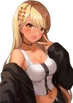  1girl absurdres bare_shoulders black_choker black_jacket black_nails black_skirt blonde_hair blush breasts choker cleavage collarbone dark-skinned_female dark_skin ear_piercing gyaru hair_ornament highres jacket kaminari_qpi lightning_bolt_earrings long_hair looking_at_viewer medium_breasts midriff navel off_shoulder open_clothes open_jacket orange_eyes piercing simple_background skirt solo swept_bangs tank_top touri_tarou_(misconception) v very_long_hair virtual_youtuber vspo! white_background white_tank_top x_hair_ornament 