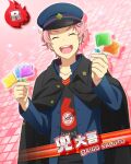  1boy candy card_(medium) character_name closed_eyes fingernails food hat holding holding_candy holding_food holding_lollipop idolmaster idolmaster_side-m jacket jacket_on_shoulders kabuto_daigo lollipop long_sleeves male_focus official_art open_clothes open_jacket open_mouth pink_background pink_hair smile teeth upper_teeth_only 