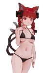  1girl alternate_costume animal_ear_fluff animal_ears arm_at_side bikini black_bikini black_bow blunt_bangs bow braid breasts cat_ears cat_tail cowboy_shot extra_ears hair_behind_ear hair_bow hair_ribbon hand_up highres kaenbyou_rin light_blush long_hair looking_down medium_breasts multiple_tails nail_polish navel nekomata parted_lips pointy_ears red_eyes red_hair red_nails reddizen ribbon simple_background solo standing swimsuit tail tail_raised touhou tress_ribbon twin_braids two_tails white_background 