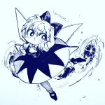  1girl arm_up ascot bow bright_pupils cirno closed_mouth collared_shirt commentary_request dress hair_bow hand_on_own_hip highres mary_janes monochrome no_nose o3o pinafore_dress puffy_short_sleeves puffy_sleeves shirt shoes short_hair short_sleeves simple_background sleeveless sleeveless_dress socks solo touhou translation_request white_background yukkyon_kyon 