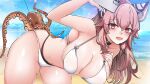  1girl :d absurdres animal animal_ears arm_up bags_under_eyes beach bent_over bikini black_collar blush breasts cat_ears cellphone chinese_commentary collar commentary_request day fingernails girls&#039;_frontline girls&#039;_frontline_neural_cloud hair_between_eyes highres holding holding_phone large_breasts lens_flare long_hair looking_at_viewer lsheng octopus open_mouth outdoors persicaria_(girls&#039;_frontline_nc) phone pink_eyes pink_hair sand selfie slime_(substance) smartphone smile solo swimsuit tentacles water white_bikini wide_hips 