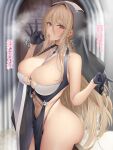  1girl ass azur_lane bangs black_gloves blonde_hair breasts brown_eyes condom covered_navel fellatio_gesture from_side gloves habit highleg highleg_panties highres holding holding_condom implacable_(azur_lane) karakari large_breasts long_bangs long_hair looking_at_viewer nun open_mouth panties pelvic_curtain revealing_clothes solo tongue tongue_out translation_request underwear veil 
