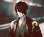  1boy bandage_over_one_eye cma_cmakuma commentary_request eyeshadow gintama japanese_clothes katana makeup male_focus pectoral_cleavage pectorals red_eyeshadow short_hair solo sword takasugi_shinsuke weapon 