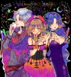  2boys 2girls alternate_costume arle_nadja bat_(animal) blue_eyes blue_hair breasts brown_hair carbuncle_(puyopuyo) crescent halloween halloween_costume huge_breasts looking_at_viewer madou_monogatari multiple_boys multiple_girls ponytail puyopuyo ri25to rulue_(puyopuyo) schezo_wegey tongue white_hair yellow_eyes 