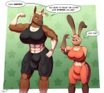  abs absurd_res big_breasts breasts bulge cherry_popper duo english_text equid equine flexing gym_clothing hi_res horse huge_breasts humanoid intersex juniper_(freckles) lagomorph leporid mammal muscular muscular_intersex rabbit speech_bubble text tohilewd 