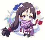  1girl breasts chibi fate/grand_order fate_(series) fingerless_gloves gloves large_breasts long_hair looking_at_viewer low-tied_long_hair minamoto_no_raikou_(fate) miyaka_(58305841) purple_eyes purple_hair smile solo very_long_hair 