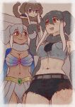  3girls :3 african_elephant_(kemono_friends) animal_ears arms_at_sides ass_visible_through_thighs bare_shoulders belt bikini blue_eyes border breasts brown_eyes brown_hair cleavage closed_mouth cowboy_shot cropped_shirt dark-skinned_female dark_skin denim denim_shorts elbow_gloves elephant_ears empty_eyes extra_ears gloves grey_hair hair_between_eyes indian_elephant_(kemono_friends) kemono_friends kishida_shiki large_breasts looking_at_another mammoth_(kemono_friends) medium_hair midriff multicolored_hair multiple_girls navel open_mouth scarf shirt short_shorts shorts shrug_(clothing) sleeveless sleeveless_shirt smile stomach swimsuit two-tone_hair white_border white_hair 