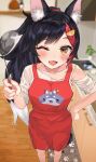  1girl ;d animal_ear_fluff animal_ears apron black_hair blurry blurry_background blush fang hair_ornament hairpin hand_on_own_hip hand_up highres holding holding_ladle hololive indoors kitchen ladle long_hair multicolored_hair one_eye_closed ookami_mio open_mouth red_apron red_hair ryamuchan shirt skin_fang smile solo streaked_hair tail virtual_youtuber white_shirt wolf_ears wolf_girl wolf_tail yellow_eyes 