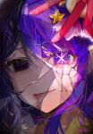  1girl absurdres blood blood_from_mouth commentary cracked_glass death empty_eyes floating_hair gloves hair_between_eyes hair_ornament highres hoshino_ai_(oshi_no_ko) light_particles long_hair looking_at_viewer messy_hair misu_(miisuuu) multicolored_hair oshi_no_ko pink_gloves pink_hair portrait purple_eyes purple_hair rabbit_hair_ornament sidelocks signature solo split_theme spoilers star-shaped_pupils star_(symbol) star_hair_ornament streaked_hair symbol-shaped_pupils turtleneck v 
