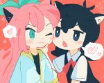  2girls :3 animal_ears aubrey_(faraway)_(omori) aubrey_(omori) cat_ears closed_mouth collared_shirt fang genderswap genderswap_(mtf) hairband heart highres hishimatope jacket long_hair looking_at_another low_twintails medium_hair multiple_girls omori open_mouth pink_hair shirt short_twintails speech_bubble spoken_heart sunny_(omori) twintails white_jacket white_shirt 