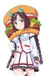  1girl absurdres animal_ears asymmetrical_gloves banpunsik black_gloves blush braid breasts brown_hair burger clenched_hands closed_mouth commentary_request cowboy_shot food food_on_head gloves hand_on_own_hip highres hokko_tarumae_(umamusume) horse_ears horse_girl horse_tail jacket long_hair long_sleeves medium_breasts mismatched_gloves multicolored_hair no_headwear object_on_head plaid plaid_skirt purple_eyes skirt smile solo streaked_hair tail twin_braids umamusume very_long_hair white_gloves white_hair white_jacket 