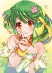  1girl \m/ aoi_rokushou arm_scrunchie blush breasts brown_eyes cleavage flower green_flower green_hair green_shirt hair_flower hair_ornament hair_ribbon highres looking_at_viewer macross macross_frontier multicolored_hair off-shoulder_shirt off_shoulder pink_flower ranka_lee ribbon shirt short_hair small_breasts smile solo streaked_hair string_around_finger yellow_background yellow_flower yellow_ribbon 