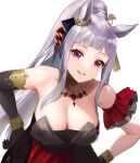  1girl absurdres animal_ears asymmetrical_gloves bare_shoulders black_dress black_gloves bracelet breasts cleavage commentary_request dress ear_ornament elbow_gloves frilled_dress frills gloves gold_ship_(la_mode_564)_(umamusume) gold_ship_(umamusume) grey_hair grin hand_on_own_hip highres horse_ears horse_girl jewelry jurge large_breasts long_hair looking_at_viewer official_alternate_costume official_alternate_hairstyle pink_eyes ponytail simple_background smile solo teeth umamusume upper_body white_background 