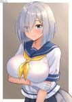  1girl blue_eyes blush breasts gloves grey_hair hair_ornament hair_over_one_eye hairclip hamakaze_(kancolle) highres kantai_collection large_breasts looking_at_viewer neckerchief pleated_skirt school_uniform serafuku shiromaru_(maniado) short_hair short_sleeves skirt smile solo white_gloves 