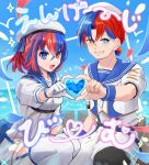  1boy 1girl absurdres alear_(female)_(fire_emblem) alear_(fire_emblem) alear_(male)_(fire_emblem) blue_eyes blue_hair blue_sky dress fire_emblem fire_emblem_engage gloves hair_between_eyes hat heart heart_hands heart_hands_duo heterochromia highres looking_at_viewer multicolored_hair open_mouth red_eyes red_hair sailor_collar sailor_dress sailor_hat sailor_shirt sakura_no_yoru shirt short_hair sky smile thighhighs two-tone_hair white_gloves 