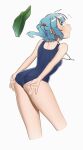  1girl absurdres ass bare_legs blue_eyes blue_hair blunt_bangs blush breasts commentary_request cropped_legs hair_bobbles hair_ornament hands_on_own_ass hat hat_removed headwear_removed highres jewelry kawashiro_nitori key leaning_forward looking_back necklace open_mouth profile pudding_modoki school_swimsuit short_hair sideways_glance simple_background small_breasts solo swimsuit touhou two_side_up white_background 