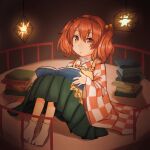  1girl bo_cota book book_stack braid checkered_clothes green_skirt highres lantern looking_at_viewer motoori_kosuzu open_book orange_eyes orange_hair skirt socks solo touhou twin_braids white_socks wide_sleeves 