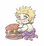  1boy bara beard_stubble bite_mark blonde_hair blush burger chibi clothes_around_waist eating facial_hair food food_on_face full_body goatee ina_zuma jacob_(housamo) long_sideburns looking_at_viewer male_focus mini_person miniboy scar scar_on_face scar_on_nose short_hair sideburns solo thick_eyebrows tokyo_afterschool_summoners unusually_open_eyes 