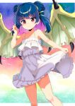  1girl alternate_hair_color bare_arms bare_legs blue_hair cloud dragon_wings dress fire_emblem fire_emblem:_the_sacred_stones flat_chest frilled_dress frills gradient_background hair_ribbon harakune_(mugennero) highres light_smile looking_at_viewer myrrh_(fire_emblem) red_eyes ribbon sunset twintails white_dress wings 