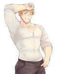  1boy ;d abs bara blonde_hair brown_pants covered_nipples granblue_fantasy green_eyes hazama_(hazamazama) large_pectorals male_focus muscular muscular_male nipples one_eye_closed open_mouth pants pectoral_cleavage pectorals see-through shirt short_hair smile solo teeth upper_body vane_(granblue_fantasy) wet wet_clothes white_shirt 