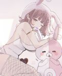  1girl animal_ears animal_hood armlet bare_shoulders blood breasts brown_hair commentary danganronpa_(series) danganronpa_2:_goodbye_despair fake_animal_ears fishnet_thighhighs fishnets flipped_hair from_side galaga grey_background hair_ornament heart hood large_breasts leotard looking_at_viewer medium_hair monomi_(danganronpa) nanami_chiaki official_alternate_costume one_eye_closed pink_blood pink_eyes playboy_bunny rabbit_hood shi_chi_(o_7stx) simple_background solo strapless strapless_leotard sweat tearing_up thighhighs xx_(user_adry4253) 