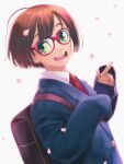  1girl backpack bag blazer bob_cut brown_hair cherry_blossoms collared_shirt commentary_request glasses green_eyes jacket looking_at_viewer necktie open_mouth original petals red-framed_eyewear red_necktie school_uniform shirt short_hair simple_background smile solo upper_body v wang-pac white_background 