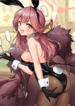  1girl :d ^^^ alcohol animal_ears aru_(blue_archive) ass bare_shoulders black_gloves black_leotard blue_archive breasts brown_pantyhose champagne champagne_flute cup drinking_glass fake_animal_ears fake_tail fishnet_pantyhose fishnets fur-trimmed_jacket fur_trim glass gloves halo highres horns iro_178 jacket leotard long_hair looking_at_viewer medium_breasts pantyhose pink_halo playboy_bunny rabbit_ears rabbit_tail red_hair red_jacket sideboob smile solo tail yellow_eyes 