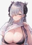  1girl alternate_costume august_von_parseval_(azur_lane) azur_lane bikini black_bikini blue_eyes blush breasts cleavage closed_mouth clothes_lift commentary_request grey_hair hair_over_one_eye horns large_breasts lifted_by_self long_hair one_eye_covered sea_nami shirt shirt_lift short_sleeves signature simple_background solo swimsuit upper_body white_shirt 