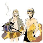  2boys abs bare_shoulders black_nails black_shorts blonde_hair blue_eyes breathing_tube cigarette collared_shirt daybit_sem_void diving_mask fate/grand_order fate_(series) goggles goggles_on_head innertube long_hair looking_at_viewer male_focus multiple_boys muscular muscular_male nobicco open_clothes open_shirt orange-tinted_eyewear orange_shorts purple_eyes shirt short_hair shorts simple_background smoke smoking snorkel sunglasses tezcatlipoca_(fate) tinted_eyewear topless_male white_background white_shirt 