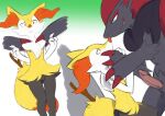  2023 3_fingers anthro areola balls biped braixen breasts duo erection female fingers front_view generation_5_pokemon generation_6_pokemon genitals green_eyes hair hi_res inner_ear_fluff male nintendo nipples orange_body orange_eyes penis pokemon pokemon_(species) pussy red_hair sealer4258 simple_background small_breasts tuft white_body yellow_body zoroark 