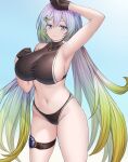  1girl arm_up armpits asamura_hiori bare_shoulders bikini black_bikini black_gloves blush breasts collarbone cupitan_(granblue_fantasy) cupitan_(summer)_(granblue_fantasy) gloves gradient_hair granblue_fantasy green_eyes green_hair grey_hair highres huge_breasts long_hair looking_at_viewer low_twintails multicolored_hair navel official_alternate_costume sideboob smile solo swimsuit thigh_strap thighs twintails very_long_hair 