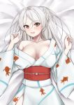  1girl bed_sheet blush breasts brown_eyes conte_di_cavour_(kancolle) grey_hair highres japanese_clothes kantai_collection kimono koru_pera large_breasts long_hair long_sleeves obi official_alternate_costume open_mouth sash solo white_kimono wide_sleeves 