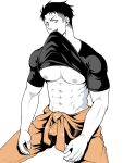  1boy abs akitaru_oubi biting biting_clothes black_shirt clothes_lift en&#039;en_no_shouboutai highres kaynoob male_focus muscular muscular_male orange_pants pants pectorals shirt shirt_lift simple_background smile solo white_background 