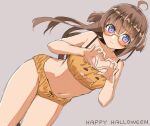  1girl ahoge amemiya_sekira bare_arms bare_shoulders blush bow bow_panties bra breasts brown_bra brown_hair brown_panties cleavage cleavage_cutout closed_mouth clothing_cutout collarbone commentary glasses grey_background happy_halloween heart heart_hands highres long_hair navel orange-framed_eyewear original panties purple_eyes sekira_ame semi-rimless_eyewear simple_background small_breasts solo symbol-only_commentary two_side_up under-rim_eyewear underwear underwear_only very_long_hair 