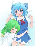  2girls :o blue_background blue_bow blue_dress blue_eyes blue_hair blush bow breasts chikuzen1996 cirno closed_eyes daiyousei dress fairy_wings gradient_background green_hair hands_up highres hug ice ice_wings looking_at_another multiple_girls petite puffy_short_sleeves puffy_sleeves shirt short_sleeves simple_background small_breasts surprised touhou waist_hug white_shirt wing_collar wings yuri 