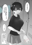  1girl anger_vein angry black_hair breasts commentary e_chie_chi glaring highres holding holding_key key large_breasts looking_at_viewer monochrome original pleated_skirt short_hair skirt trash_bag 