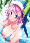  1girl animal_hat ashiroku_(miracle_hinacle) bare_arms bare_shoulders bikini blue_bikini blue_headwear breasts cleavage collarbone green_eyes hat large_breasts looking_at_viewer okunoda_miyoi parted_lips pink_hair short_hair solo swimsuit touhou upper_body whale_hat 