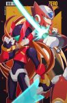  2boys android blonde_hair blue_eyes commentary crop_top en_dorzer english_commentary english_text helmet highres holding holding_sword holding_weapon long_hair looking_at_viewer male_focus multiple_boys sword weapon zero(z)_(mega_man) zero_(mega_man) 