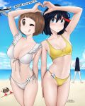  3girls ;p absurdres aircraft airplane alternate_costume beach bikini black_hair blue_eyes bob_cut breasts brown_eyes brown_hair cleavage day dismaiden dog front-tie_bikini_top front-tie_top guts_(kill_la_kill) heart heart_hands heart_hands_duo highres kill_la_kill kiryuuin_satsuki large_breasts long_hair looking_at_viewer mankanshoku_mako matoi_ryuuko multicolored_hair multiple_girls navel ocean one_eye_closed outdoors red_hair sand short_hair small_breasts streaked_hair swimsuit tongue tongue_out water white_bikini yellow_bikini 