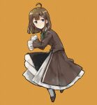  1girl ahoge black_skirt blue_eyes brown_coat brown_dress brown_hair closed_mouth coat dress frilled_dress frilled_sleeves frills hair_ornament hairclip highres hod_(project_moon) library_of_ruina looking_at_viewer lying medium_hair on_side orange_background pantyhose project_moon simple_background skirt solo white_pantyhose york0pm 