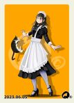  1girl apron black_dress cat dated dress full_body glasses green_eyes high_heels long_sleeves maid maid_apron maid_headdress mole mole_under_eye orange_background puffy_long_sleeves puffy_sleeves q98780409 solo 