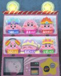  blue_eyes blush_stickers closed_eyes closed_mouth crown fire fire_kirby headphones highres ice ice_kirby kirby kirby_(series) looking_at_viewer miclot mike_kirby needle_kirby no_humans open_mouth pink_footwear shoes sitting sleep_kirby smile star_(symbol) translated vending_machine 
