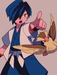  1boy :o alternate_color bangs black_eyes black_wristband blue_hair blue_kimono commentary_request falkner_(pokemon) grey_background hair_over_one_eye haori highres jacket japanese_clothes kimono male_focus open_clothes open_jacket open_mouth pidgey pointing pokemon pokemon_(creature) pokemon_(game) pokemon_gsc short_hair short_sleeves simple_background tyako_089 white_jacket wristband 