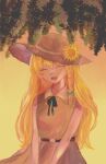  absurdres blonde_hair braid closed_eyes collar flower flower_ornament hanging_plant hat highres kirisame_marisa kuru_(kurukuru_koubou) long_hair open_mouth plant sleeveless straw_hat sunflower touhou 