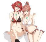  bare_shoulders breasts chest_jewel cleavage core_crystal_(xenoblade) earrings family glimmer_(xenoblade) headpiece high_ponytail highres jewelry large_breasts long_hair looking_at_viewer mitsugu mother_and_daughter open_mouth ponytail pyra_(xenoblade) red_eyes red_hair short_hair smile swept_bangs tiara xenoblade_chronicles_(series) xenoblade_chronicles_2 xenoblade_chronicles_3 xenoblade_chronicles_3:_future_redeemed 
